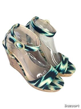 New York & Company Blue Green Abstract Print Cork Wedge Sandals Women’s Size 9